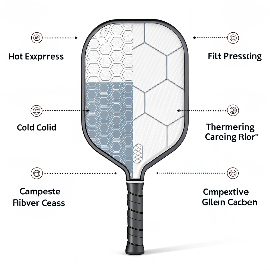 Minimalistic flat illustration showing advanced manufacturing techniques and premium paddle materials.