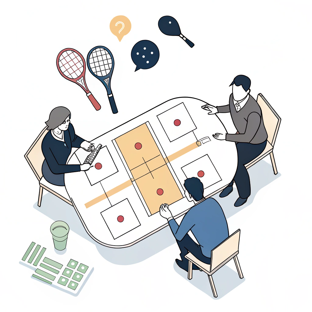 Simple 2D illustration of a business meeting reviewing pickleball paddle product overview in minimal style