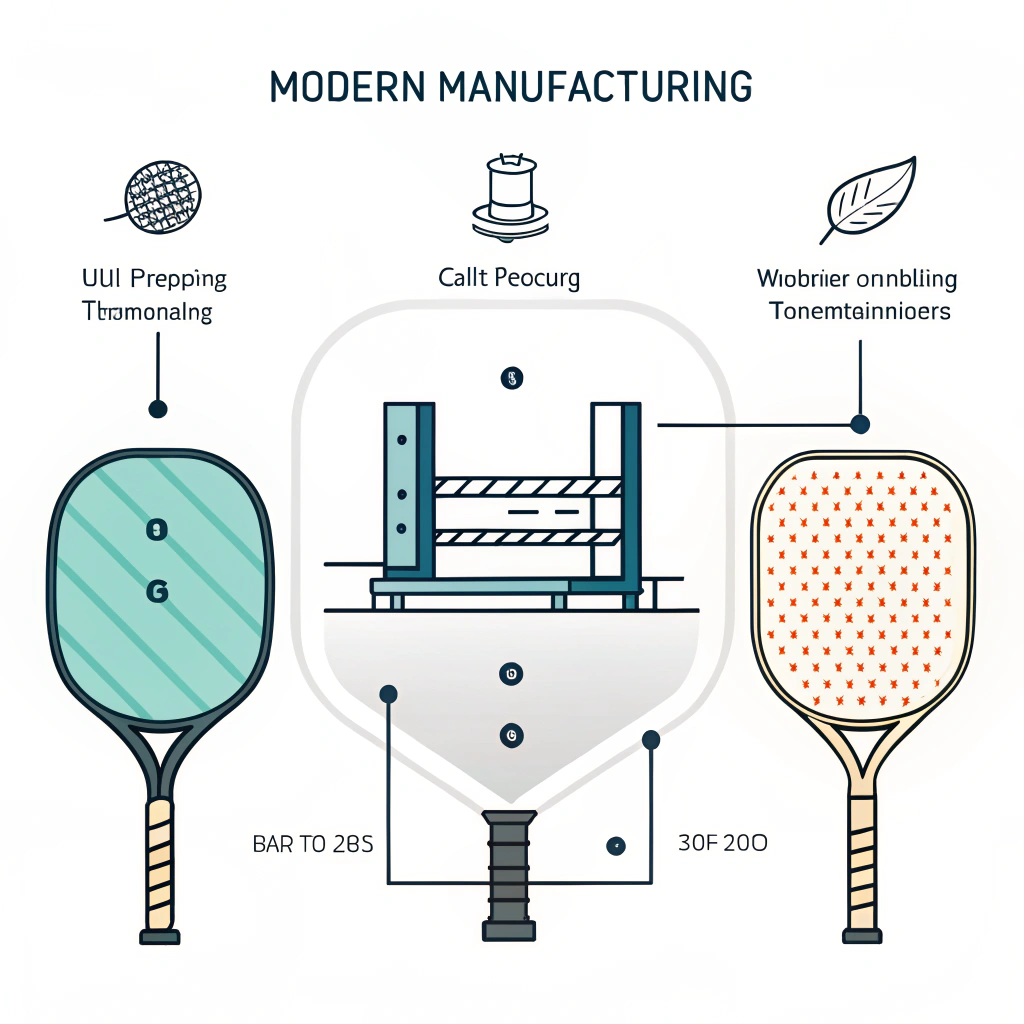 Clean 2D illustration of paddle manufacturing techniques with abstract press elements