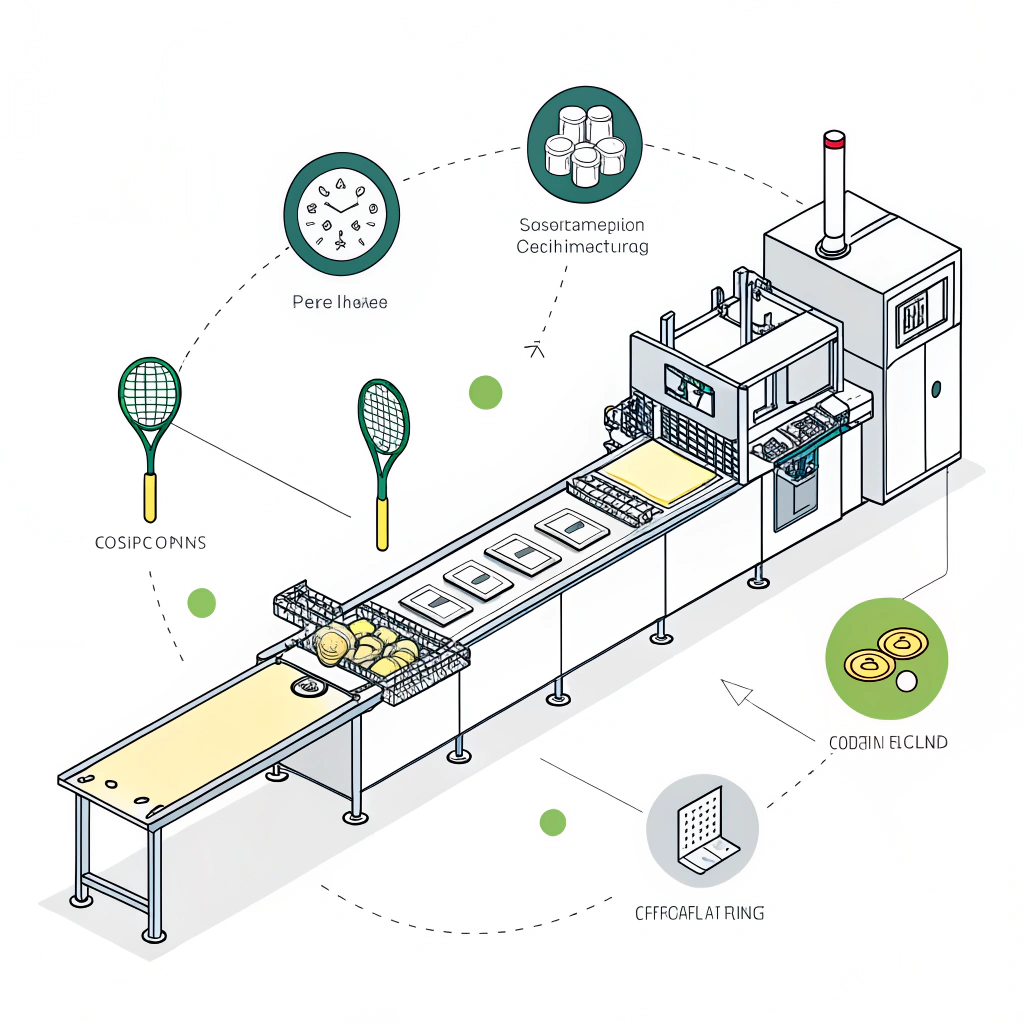 minimalist 2D depiction of a pickleball paddle production line emphasizing quality control and efficient manufacturing