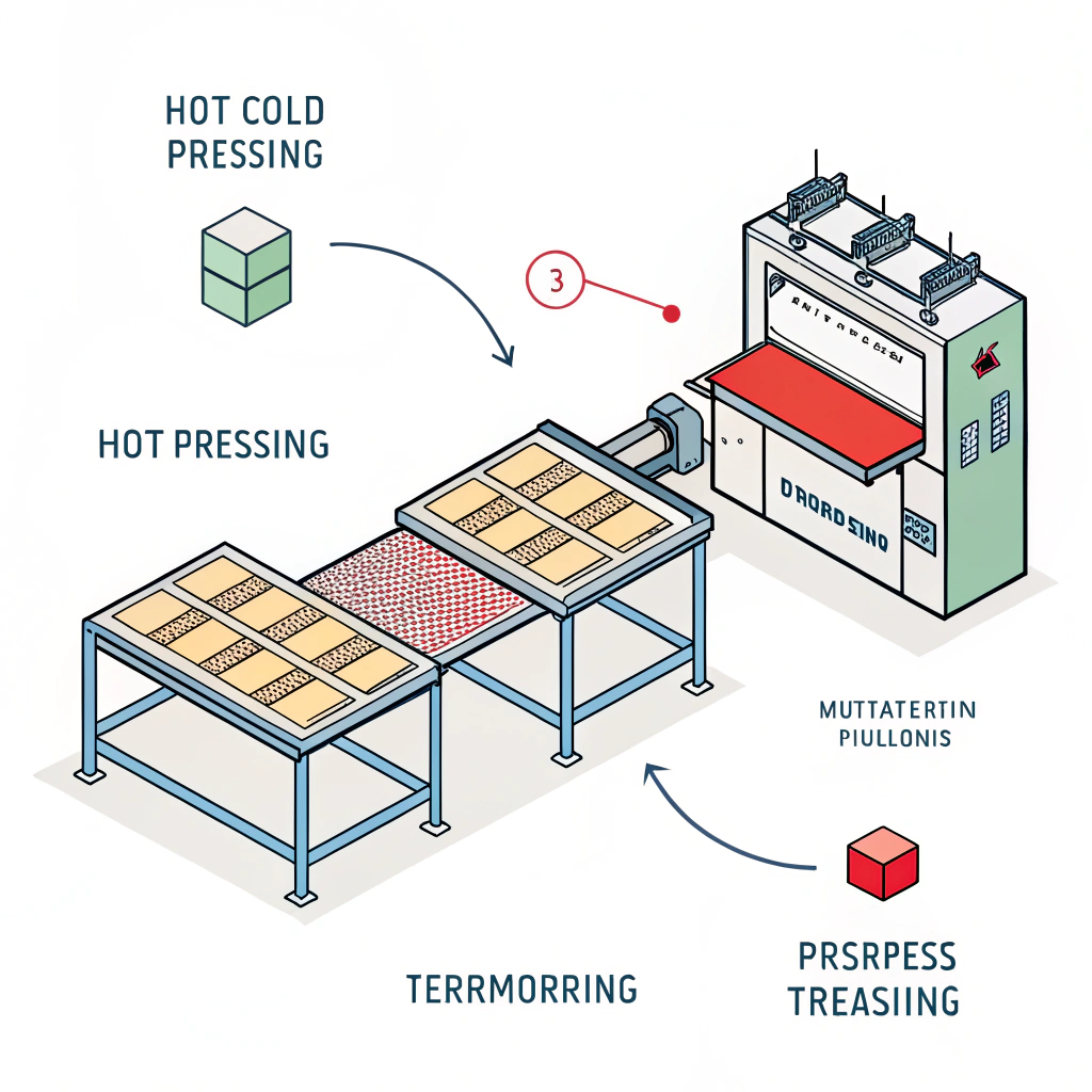 2D minimal illustration showing three production stations for pickleball paddle manufacturing
