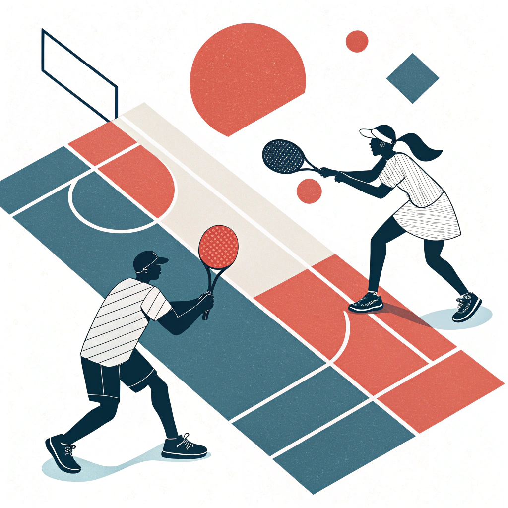 Minimalist 2d illustration of a pickleball game with custom paddles and dynamic sport elements.