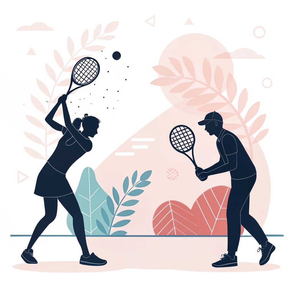 Minimal illustration of contrasting tennis and pickleball figures with technical symbolism.