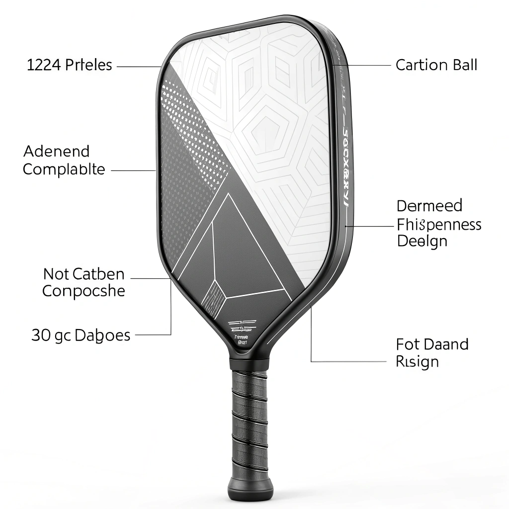 Minimalist 2D illustration of a high-performance composite pickleball paddle with abstract manufacturing elements.