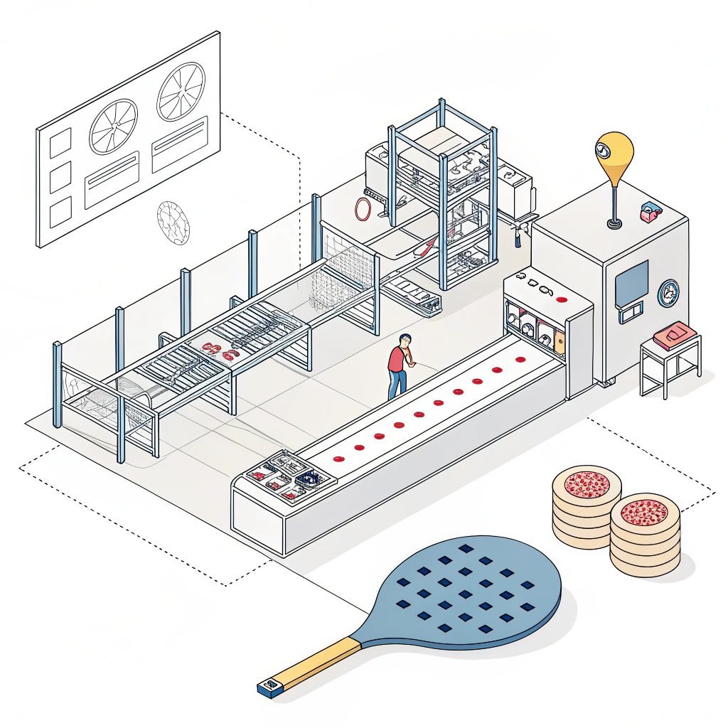 Minimal flat design illustrating advanced pickleball paddle manufacturing techniques.