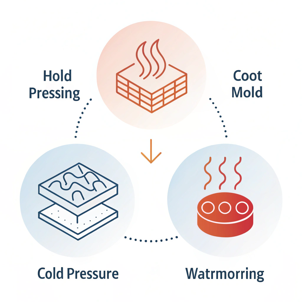 Minimalist 2D depiction of three abstract icons symbolizing hot pressing, cold pressing, and thermoforming
