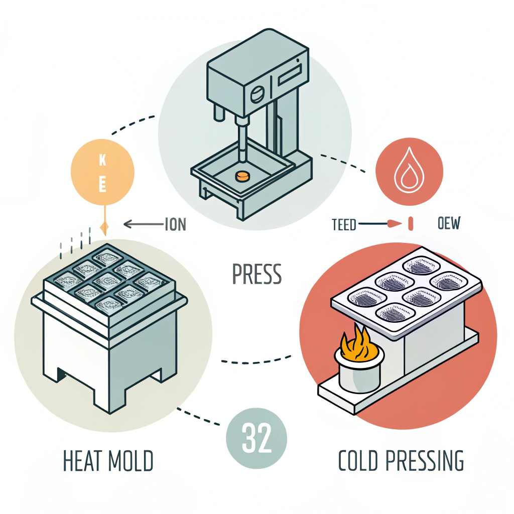Minimalistic trio of icons illustrating thermoforming, hot pressing, and cold pressing processes
