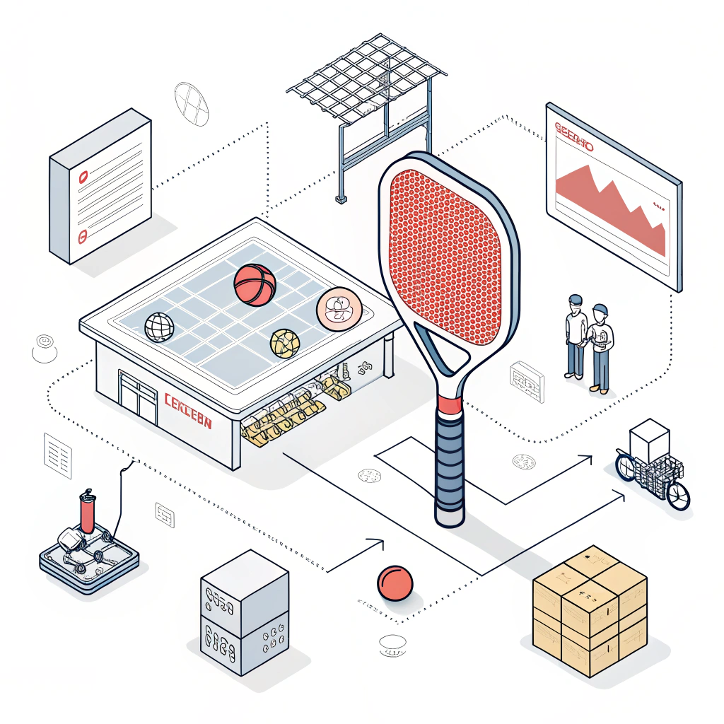 Minimalist flat illustration of a modern pickleball paddle production process.