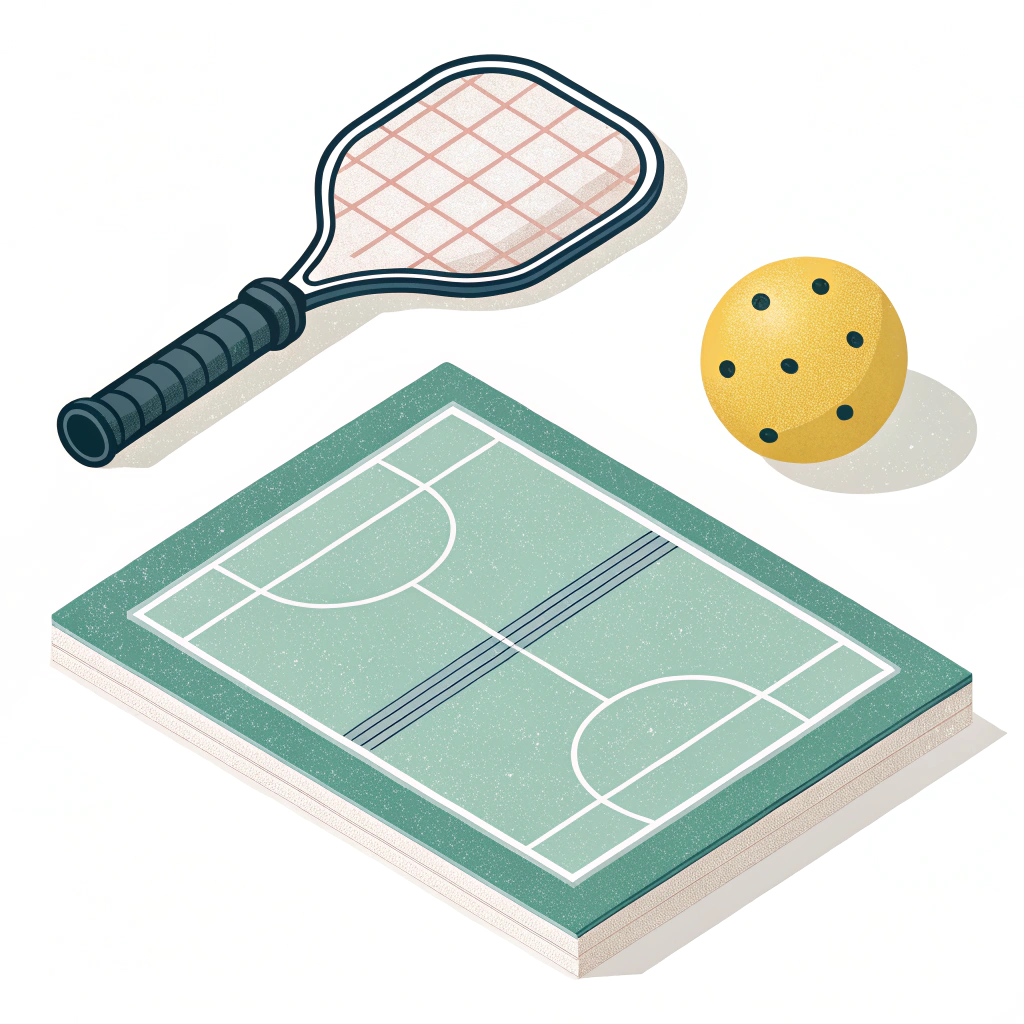 Flat minimalist illustration of pickleball paddle, ball, and court layout