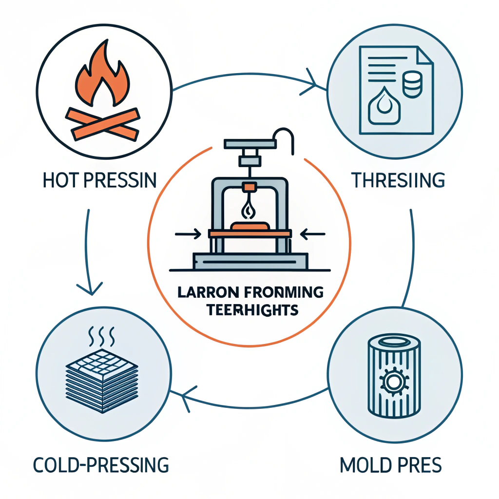 Minimalist 2D illustration of three production processes for carbon fiber manufacturing