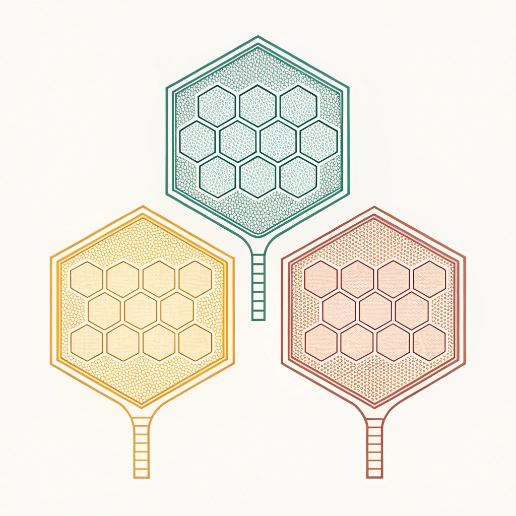 Minimalistic 2D flat illustration depicting three abstract honeycomb patterns representing paddle core materials.