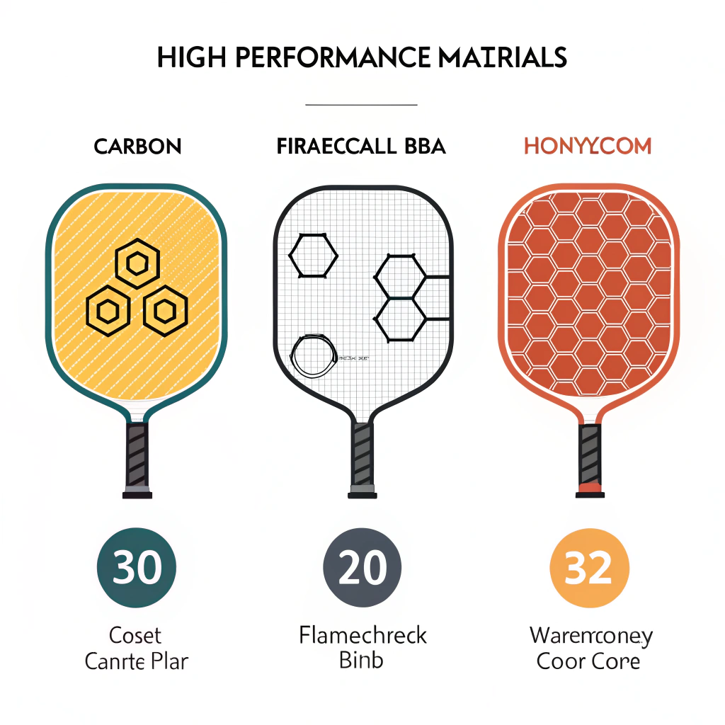 Minimalistic 2D illustration of icons for carbon fiber, fiberglass, and honeycomb cores in paddle design.