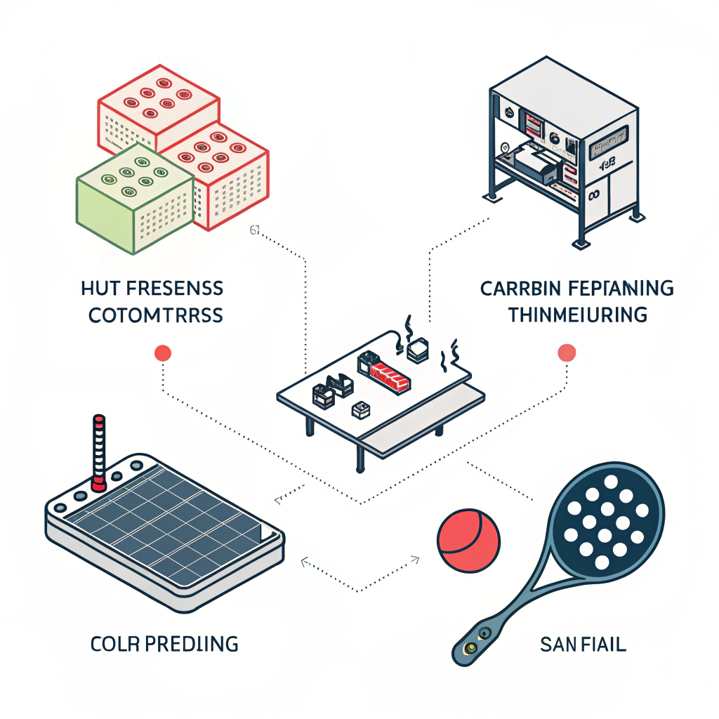 Minimalist 2D illustration of custom pickleball manufacturing with abstract process icons and quality materials.