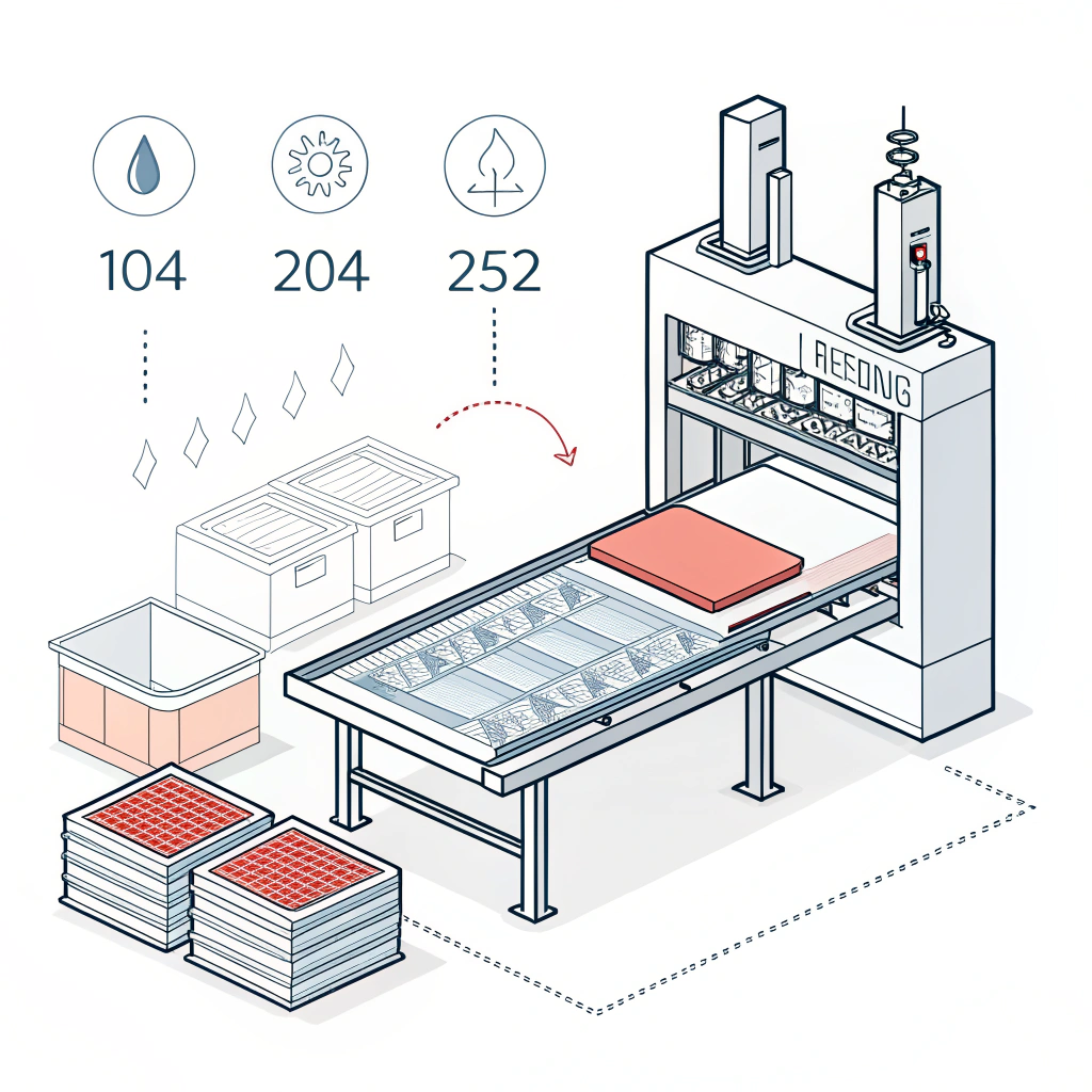 2D minimalist illustration of a thermoforming process in an industrial manufacturing setting
