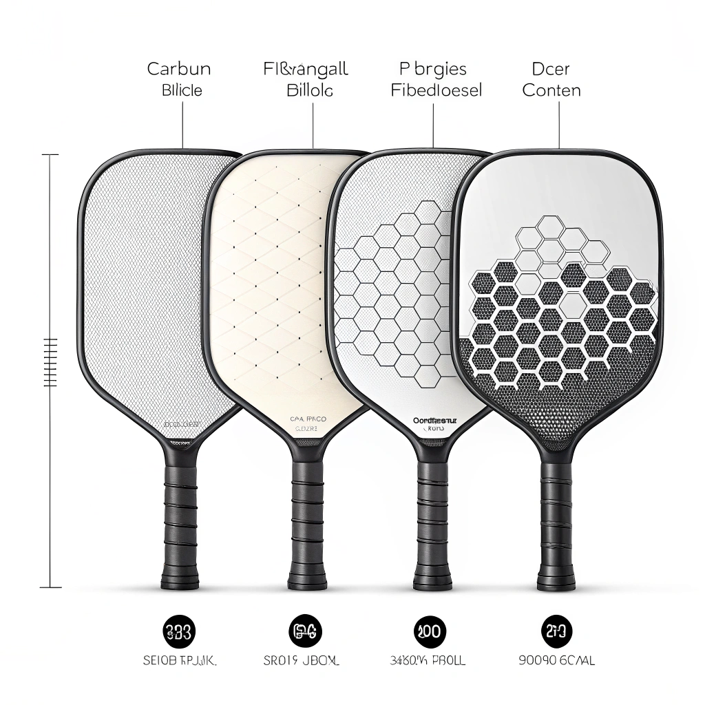 Minimalist illustration of a dynamic lineup of stylized pickleball paddles with technical detail