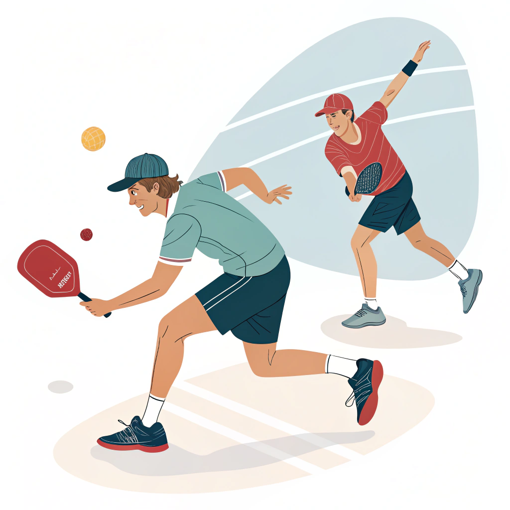 Simple, flat design depicting active pickleball players in strategic motion.