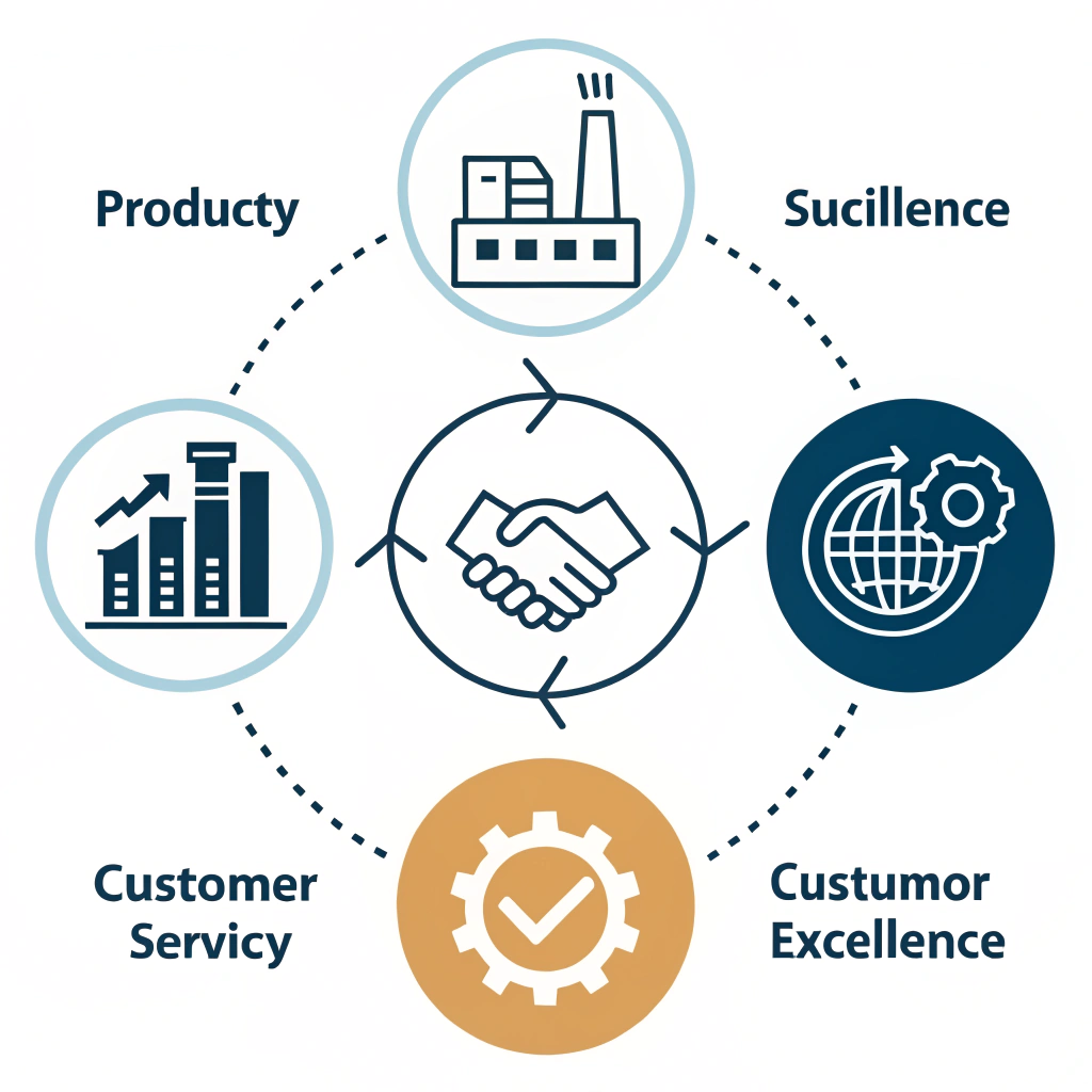 Minimal flat illustration symbolizing integrated production excellence and customer support in a cohesive design