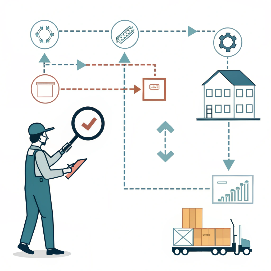 Minimal illustration depicting quality control and supply chain transparency in manufacturing.