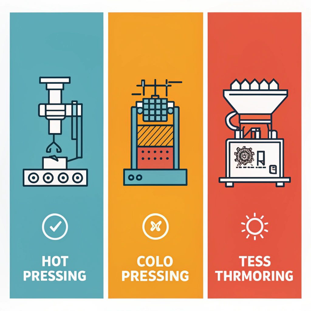 Minimal flat style illustration showing three production techniques using abstract machinery icons and clear design
