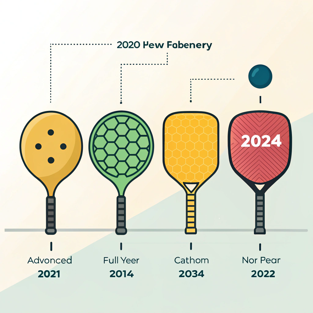 Minimal illustration showing four generations of evolving pickleball paddles
