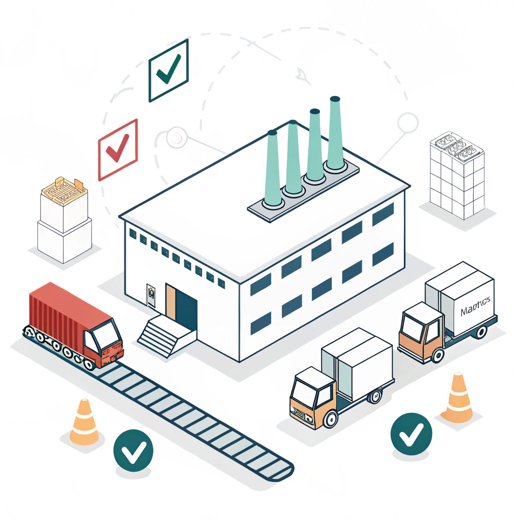 Minimal 2D illustration of quality control and logistics in a production setting