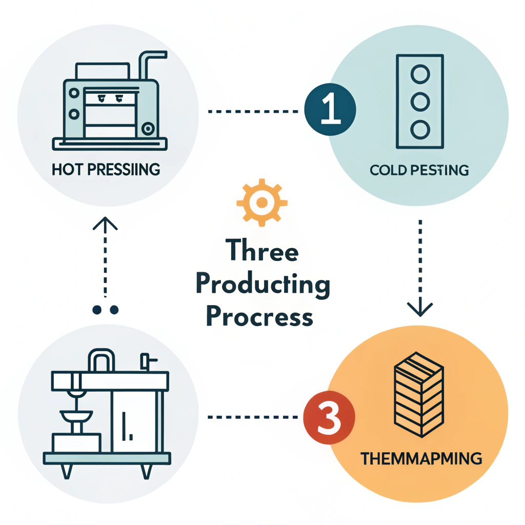 Clean 2D schematic of simplified icons for hot pressing, cold pressing, and thermoforming