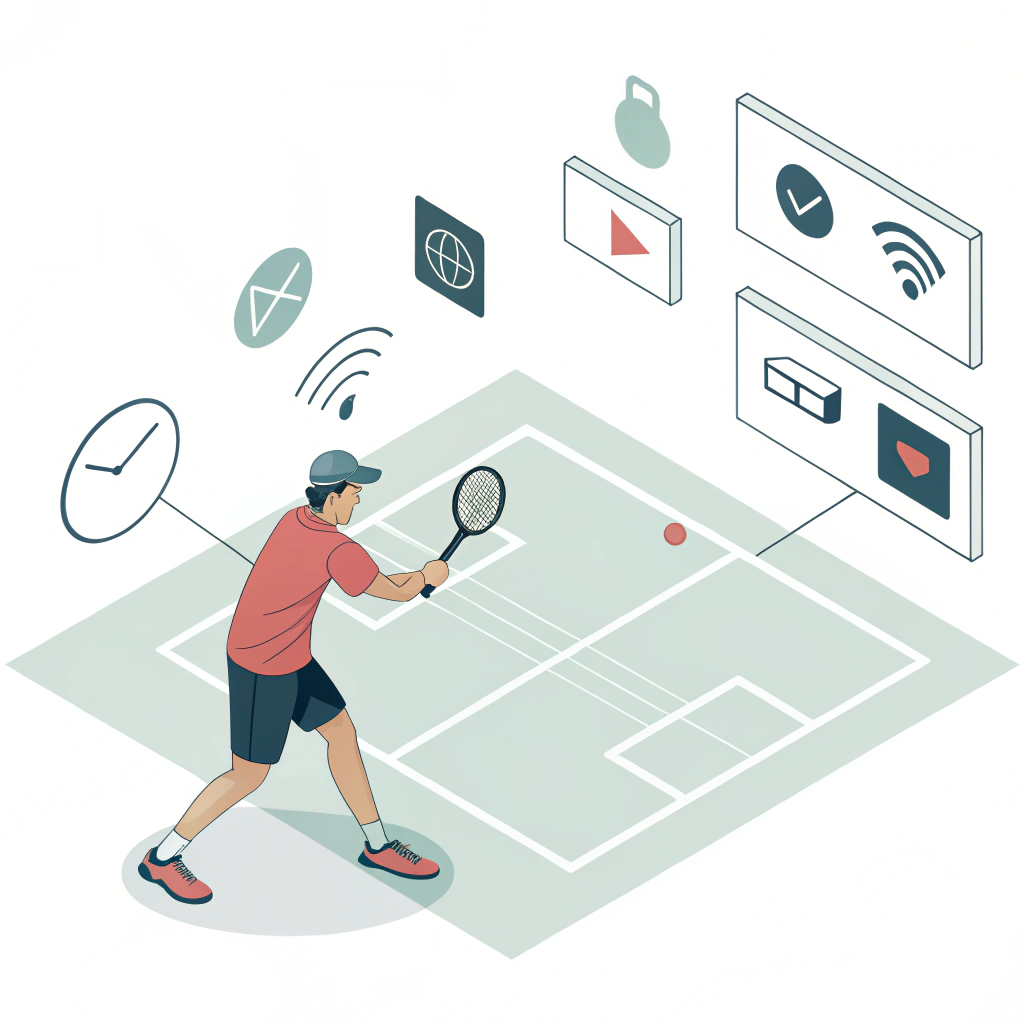 Clean 2D illustration of a player using tech sensors on a pickleball court