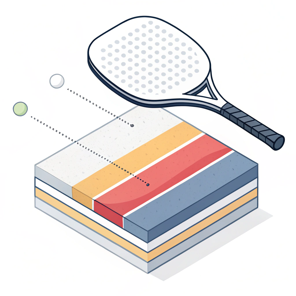 2D illustration showing heat press fusing layers into a pickleball paddle.