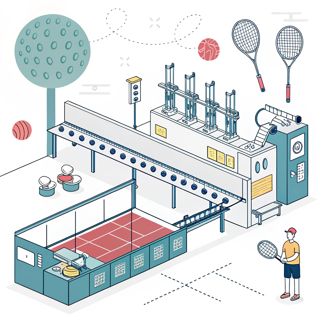 Minimalist illustration of an industrial paddle production facility with clean lines and abstract shapes.