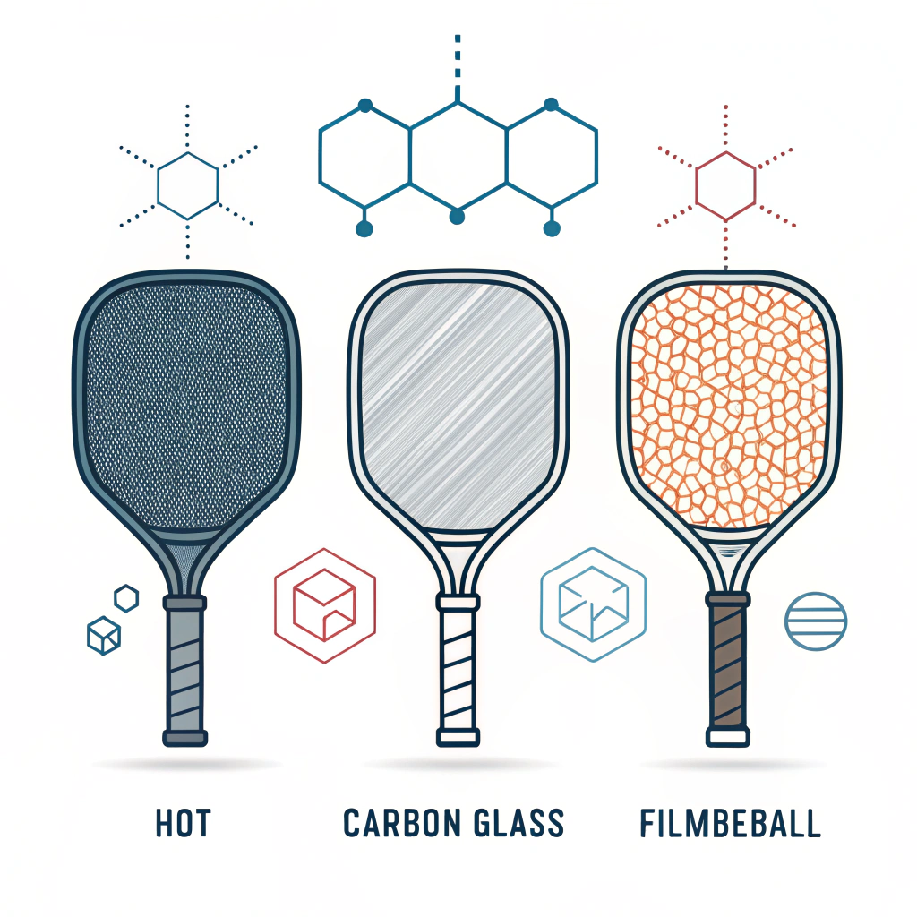 Minimal flat illustration showing three pickleball paddles with manufacturing symbols.