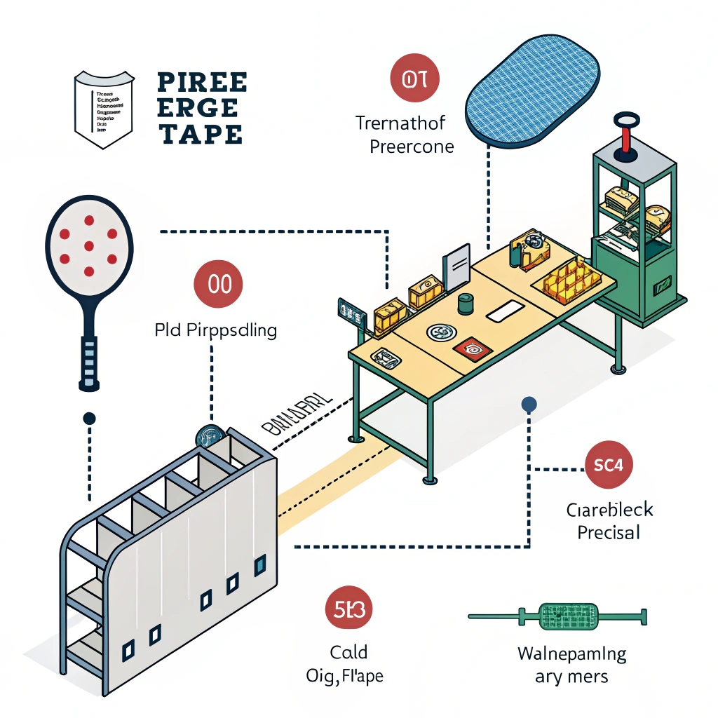 Simplified illustration of pickleball paddle manufacturing stages with edge tape.