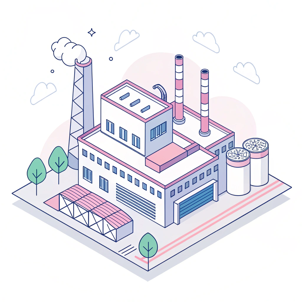 Minimal illustration of an abstract high-tech manufacturing facility in simple flat design.