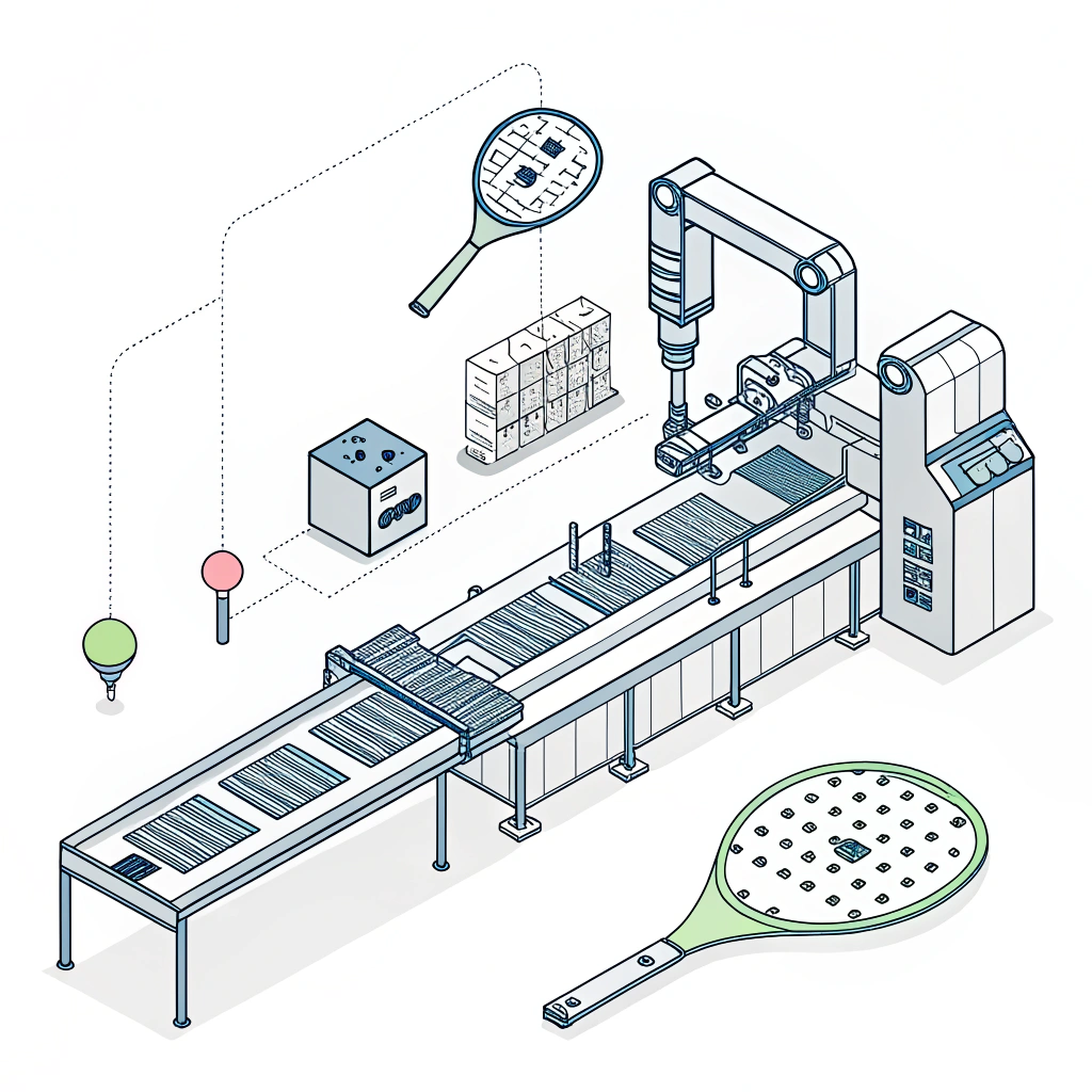 Minimalist 2D illustration of a high-tech pickleball paddle production line
