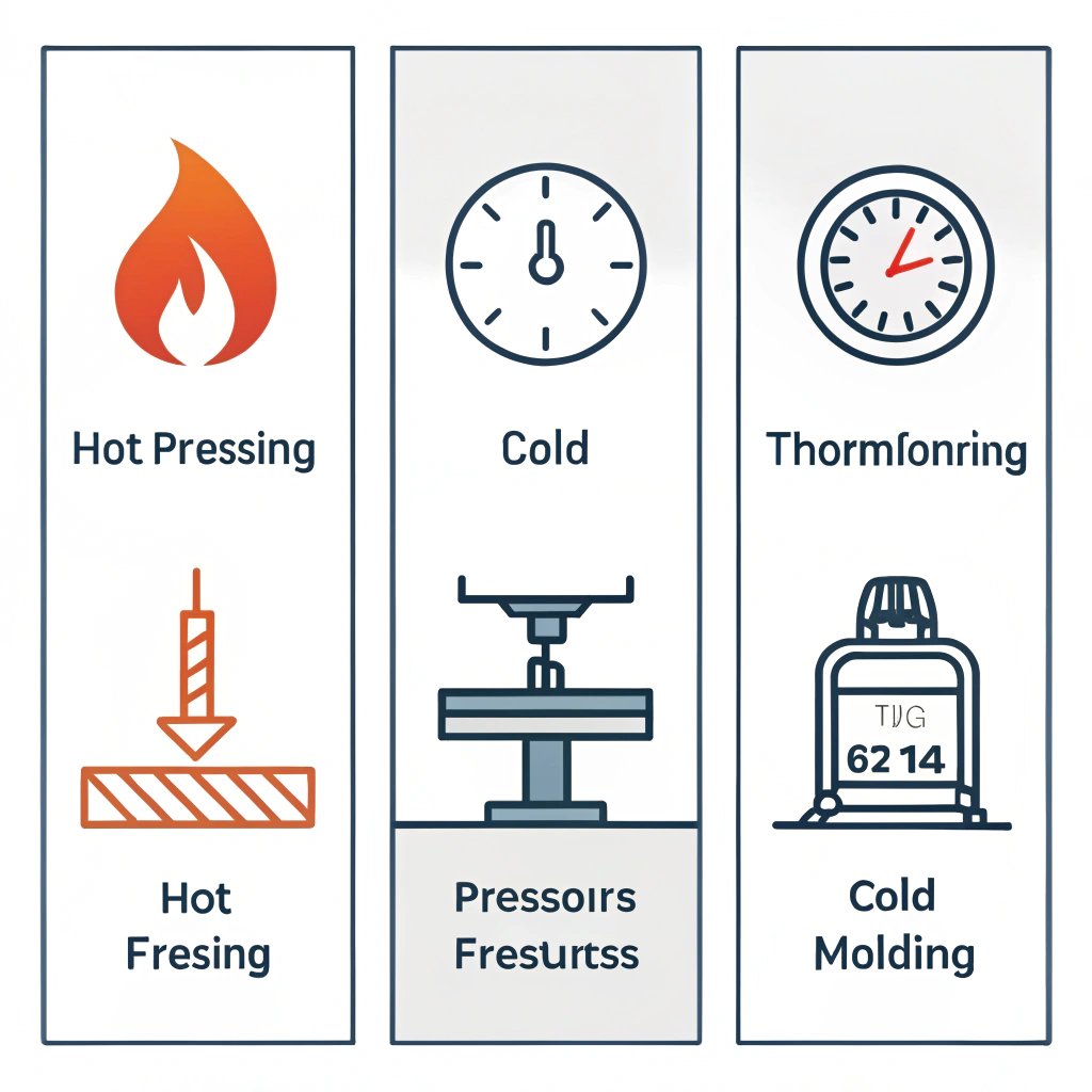 Minimalist dark and light panels depict production techniques with simple icons