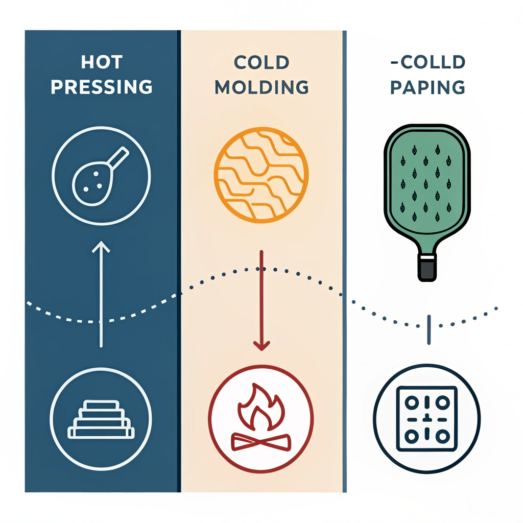 Minimal illustration of three panels symbolizing hot pressing, cold pressing, and thermoforming