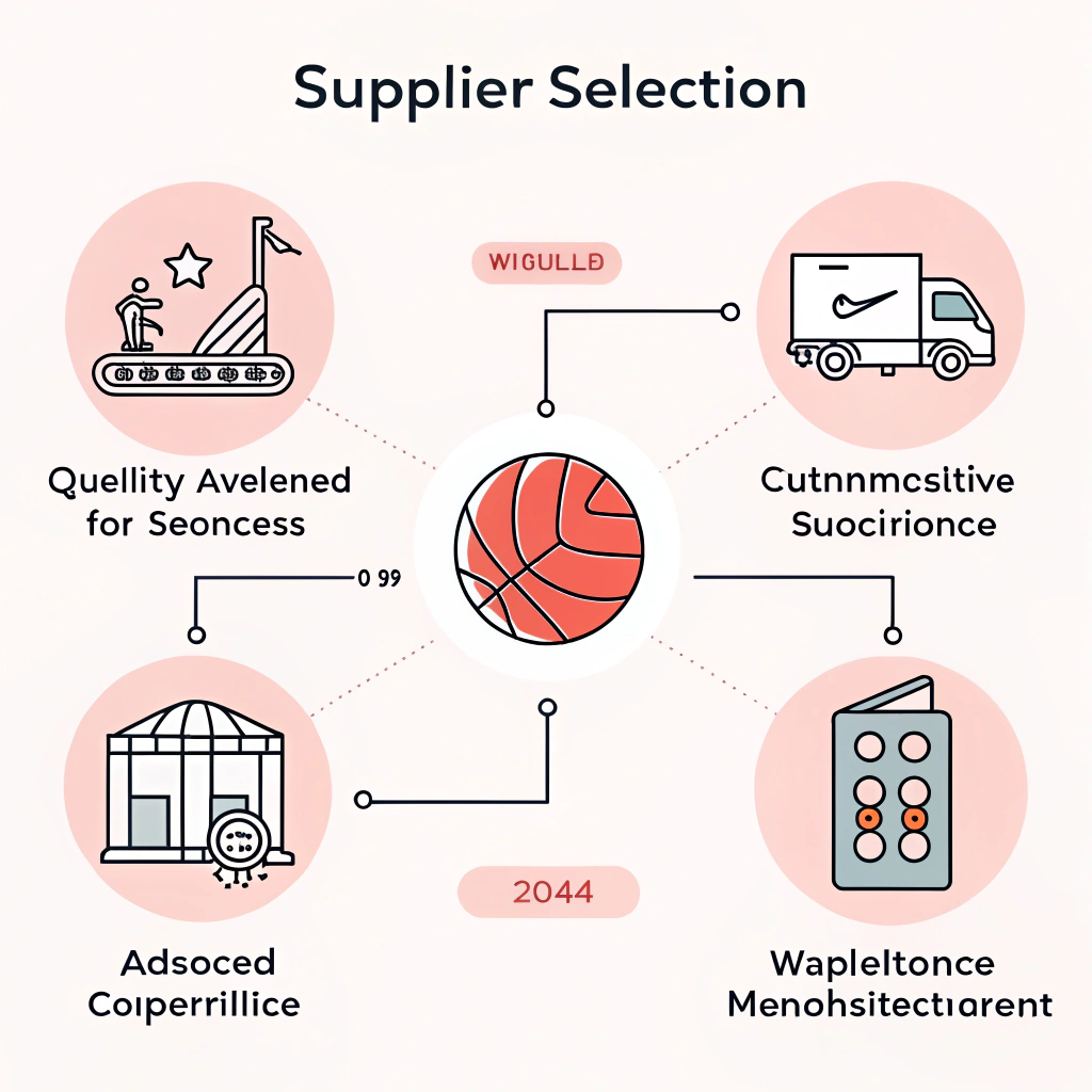 Minimal flat icons representing key supplier selection factors for sports equipment.