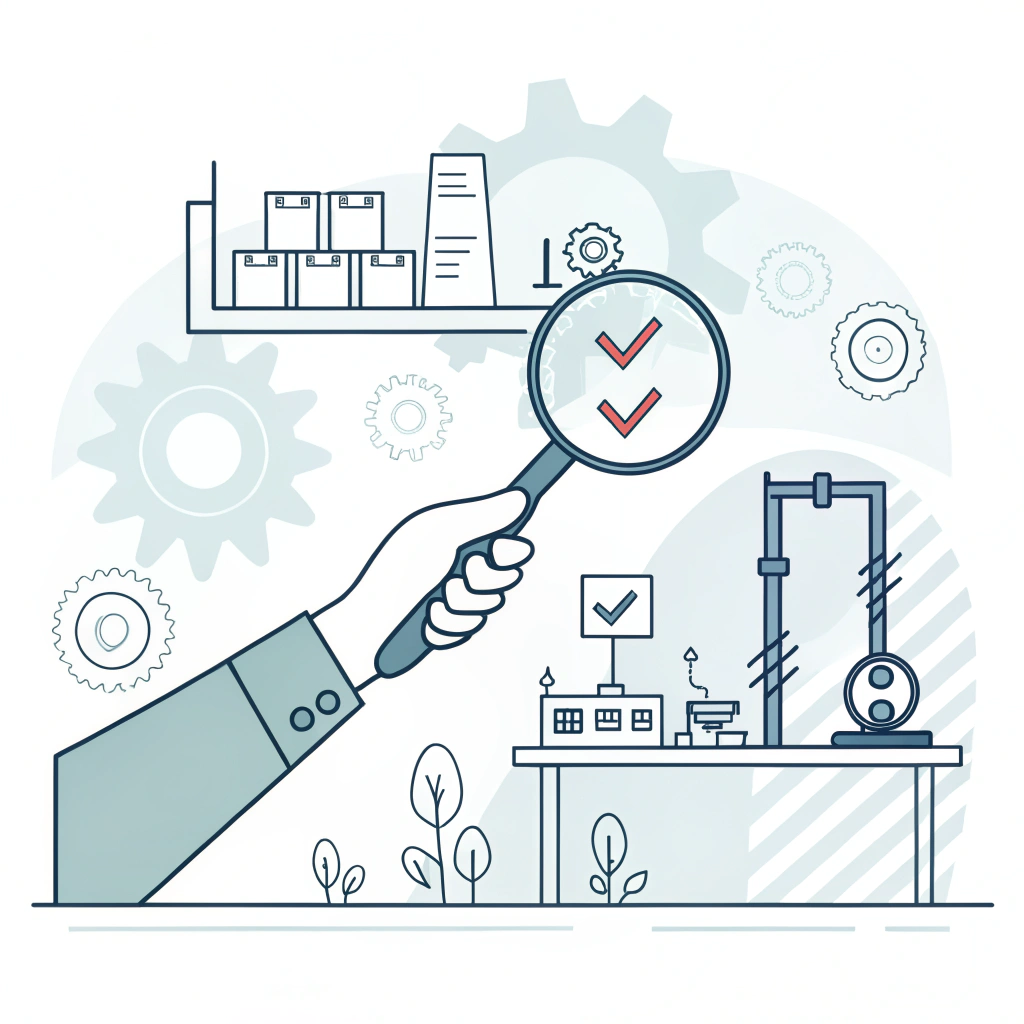 Minimal flat vector illustration of quality control inspection for a paddle in an industrial setting