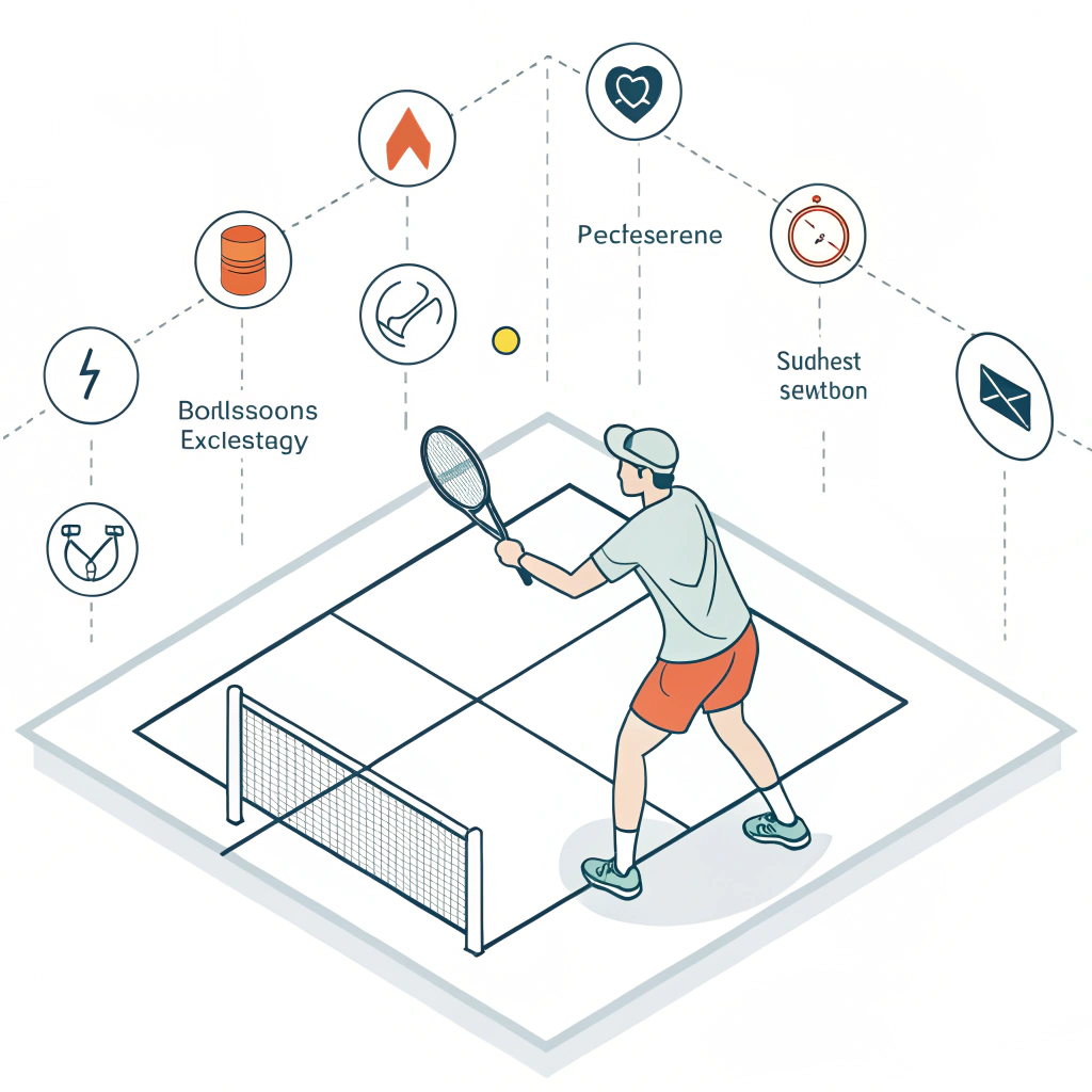 Minimal 2D illustration of a pickleball player with tech icons on a simplified court.