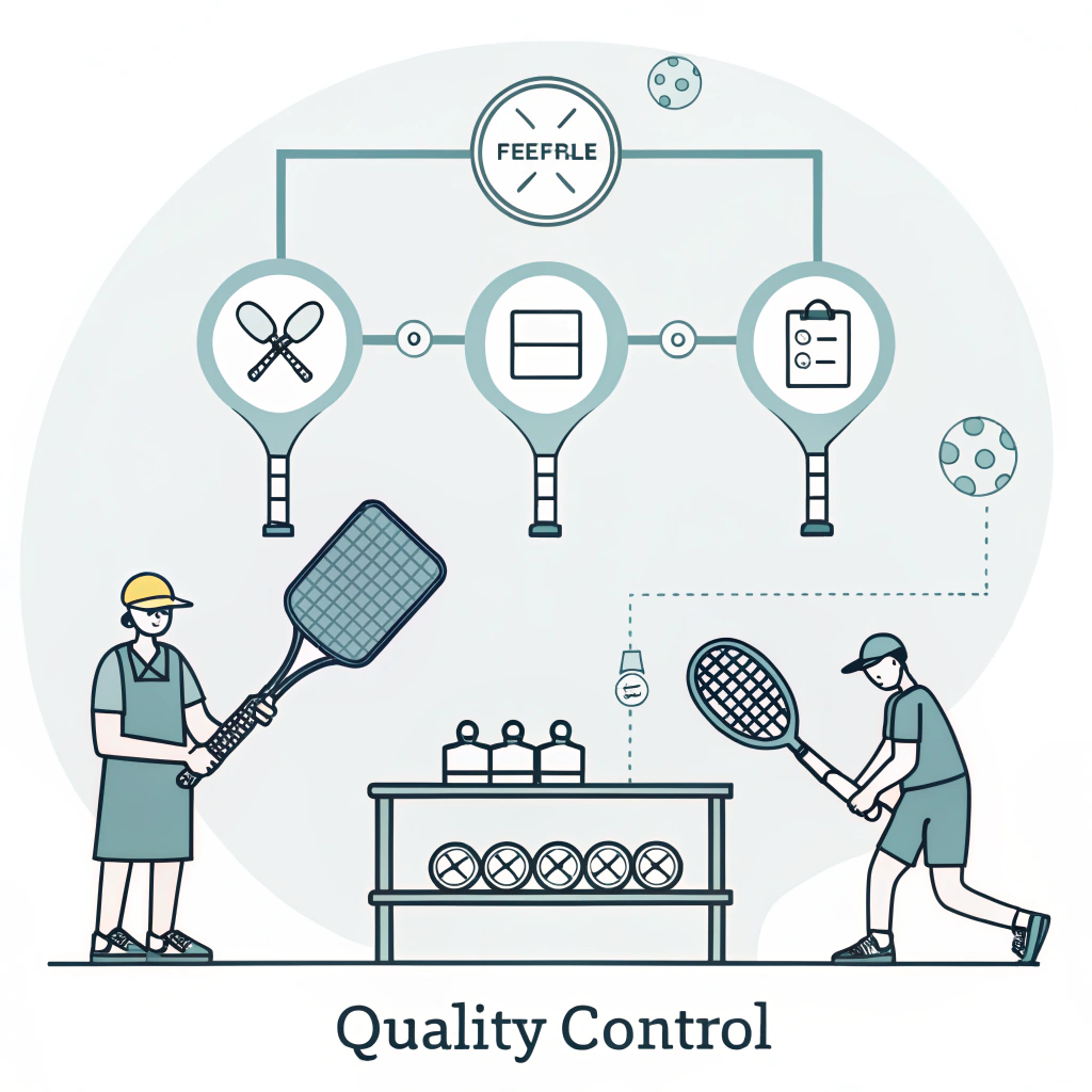 Minimalist illustration showing quality testing and customization for pickleball paddles