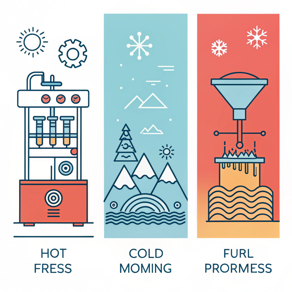 Minimal 2D icons of hot pressing, cold pressing, and thermoforming processes