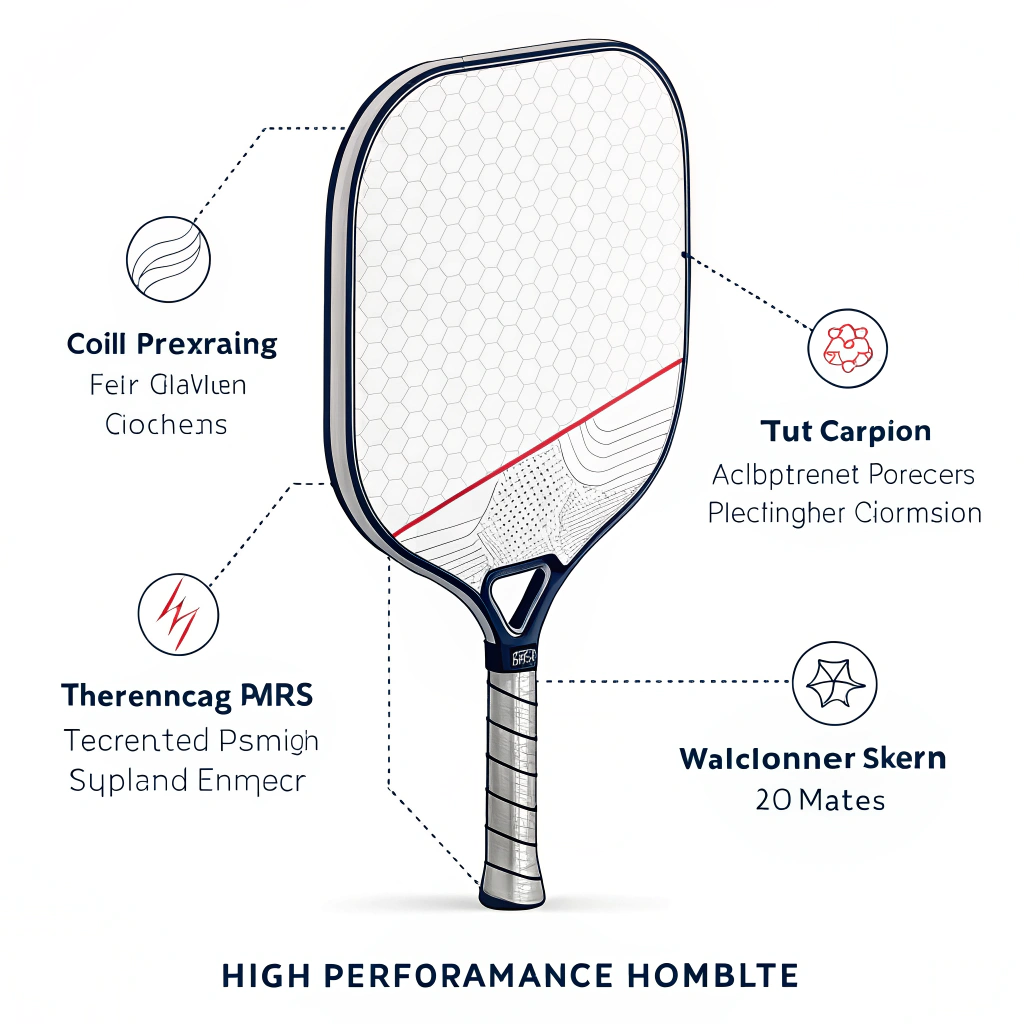 Minimalist 2D illustration of a high-performance pickleball paddle with technical details.
