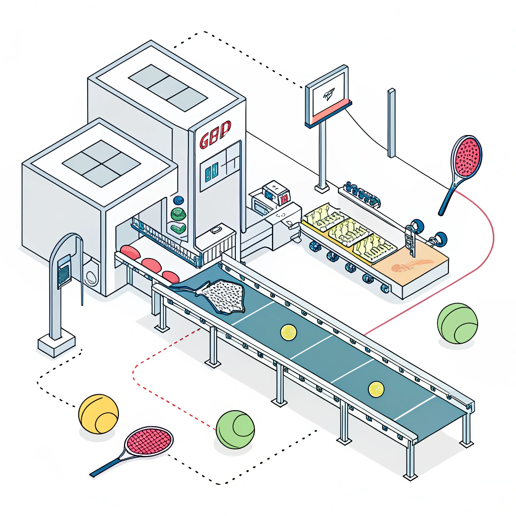 Minimalistic illustration of a high-tech manufacturing facility producing premium pickleball paddles.