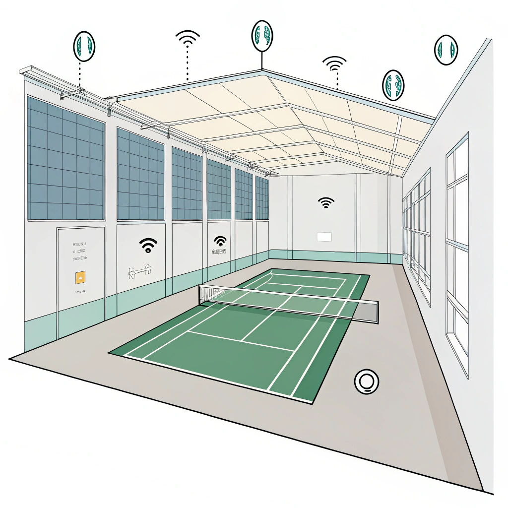 Minimalistic illustration of an indoor pickleball court with sound wave elements and acoustic panels.