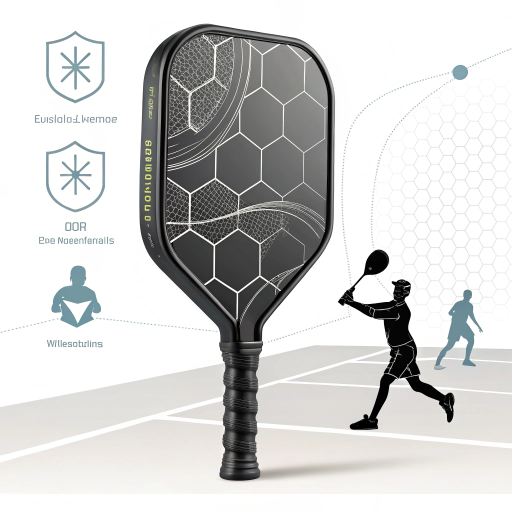 Minimal flat design showcasing a modern pickleball paddle with dynamic abstract athletic elements.