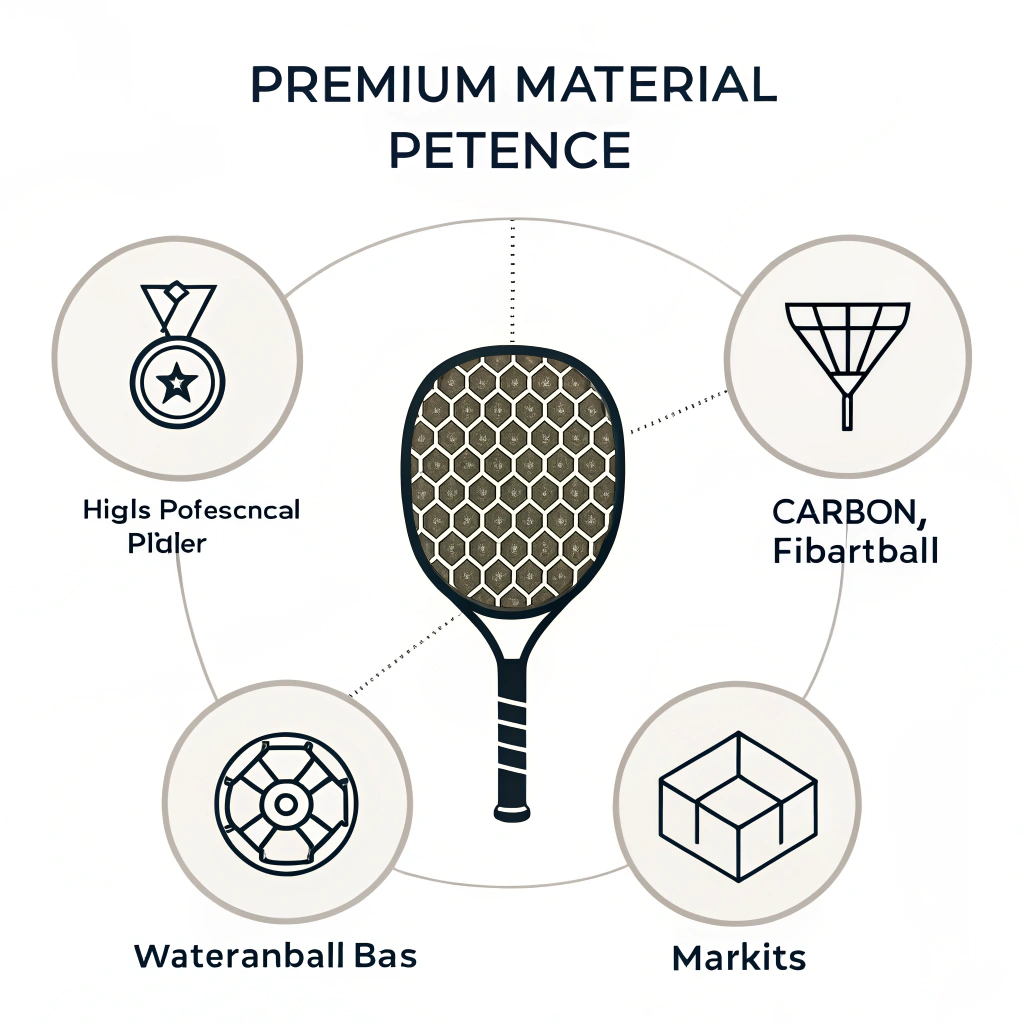 2D minimalist illustration of premium materials used in pickleball paddle manufacturing