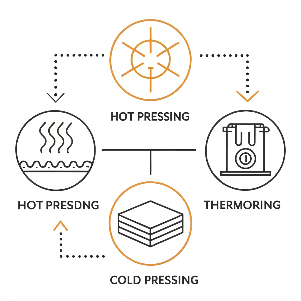 Minimalist 2D diagram showing three production methods with clean icons.