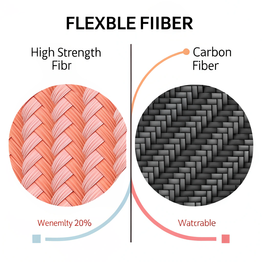 Minimalist illustration contrasting flexible aramid fiber and rigid carbon fiber textures.