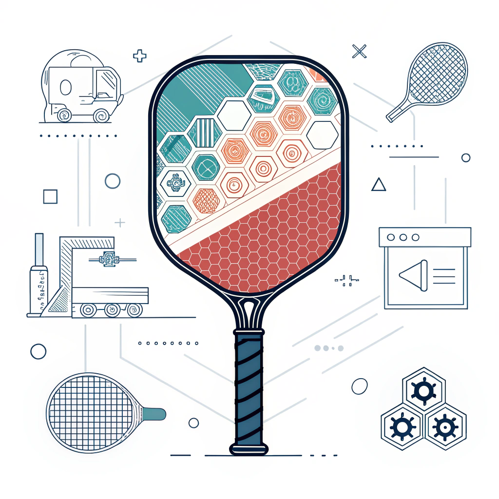A minimalistic 2D flat art showing modern pickleball paddle manufacturing techniques and abstract production elements.