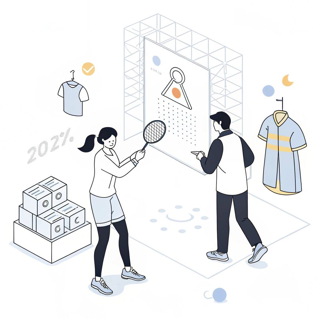 Minimalist illustration of product testing and feedback process for pickleball sportswear.