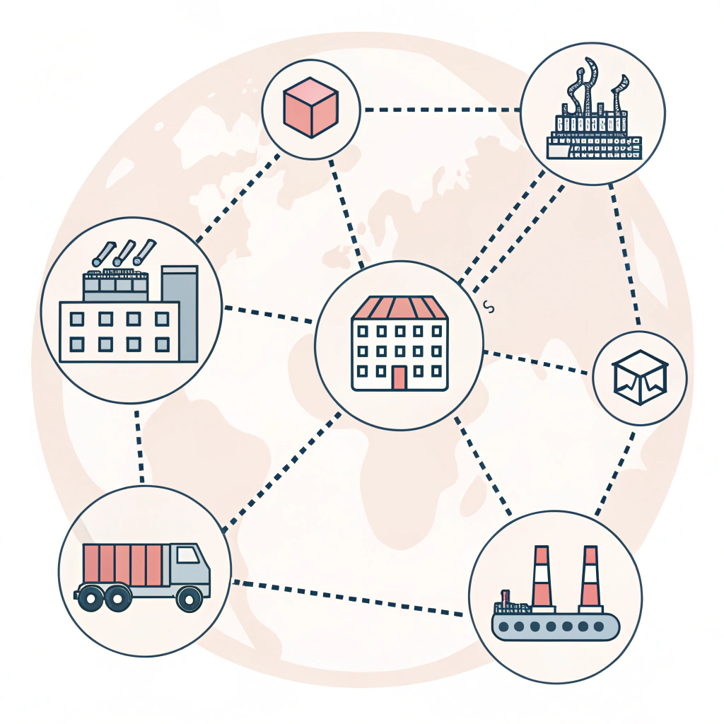 Minimal 2D illustration of global supply chain and procurement in pickleball industry